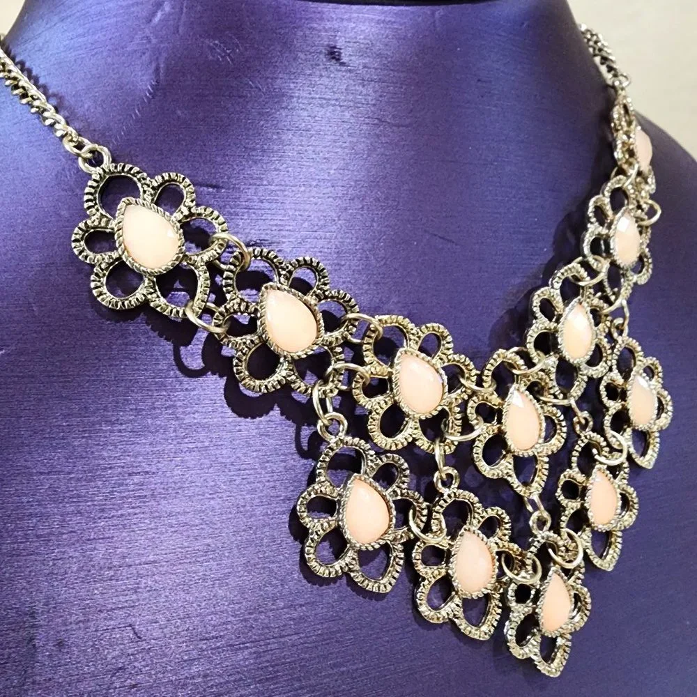Gold Flower Faceted Light Pink Teardrop Accent Statement Bib Necklace